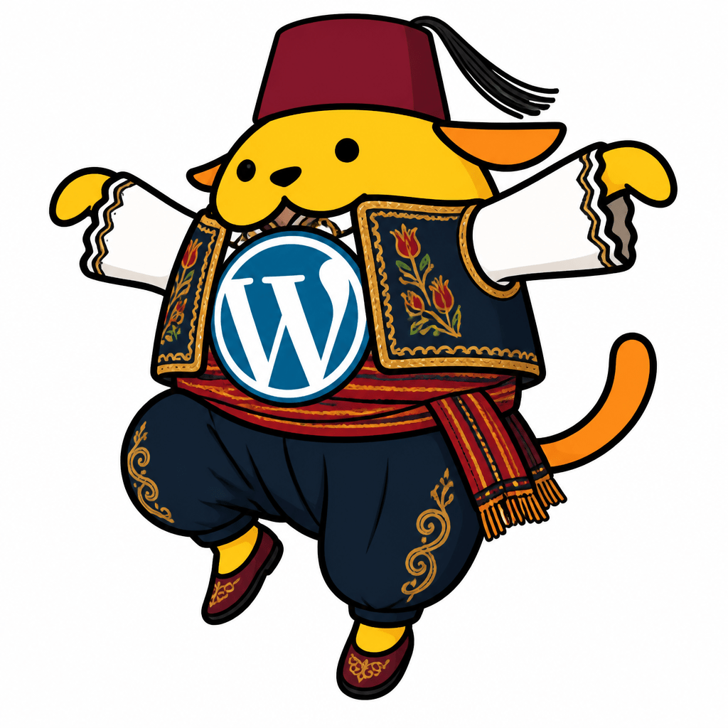 Wapuu: Zeybek dancer Wapuu in embroidered vest, wide çakşır trousers, arms spread in eagle pose, wearing a fez with a long silk tassel. Proud stanc