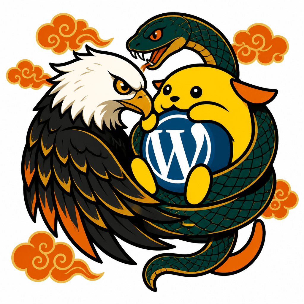 Wapuu: 3:4 design. Wapuu caught face-to-face with eagle. Snake grip. Palette fiery orange, jet black, jade green, and gold accents. Tibetan clouds.