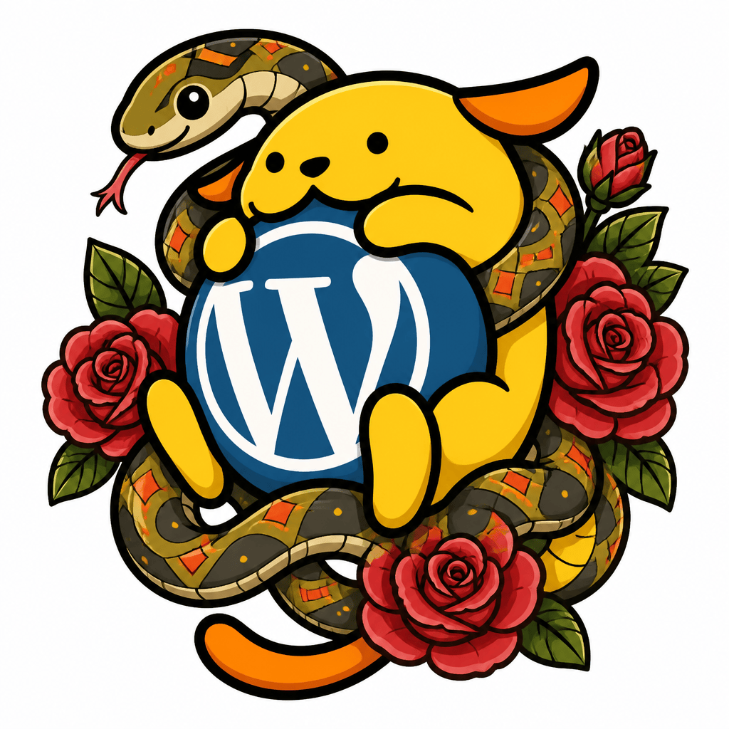 Wapuu: 3:4 design. Wapuu neo-traditional. coiled snake wrapped around blooming roses.