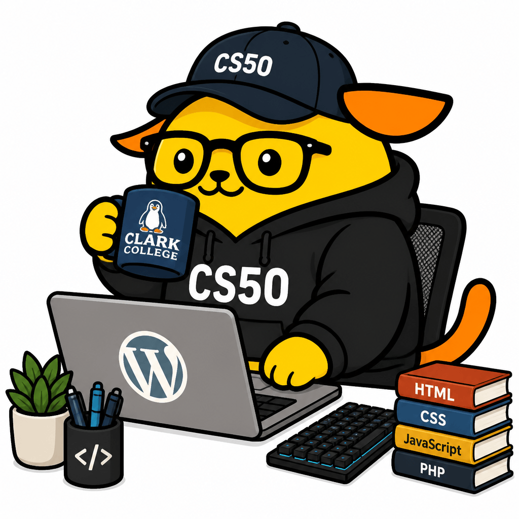 Wapuu: 3:4 Wapuu with dad hat, glasses, and black CS50 hoodie, Clark College penguin mug at techie comfy desk