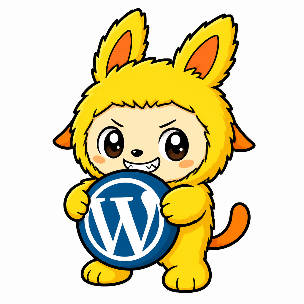 Wapuu: A mischievous Labubu-style character with fluffy fur, large sparkling eyes, long pointed ears, and a playful grin showing tiny teeth, standi