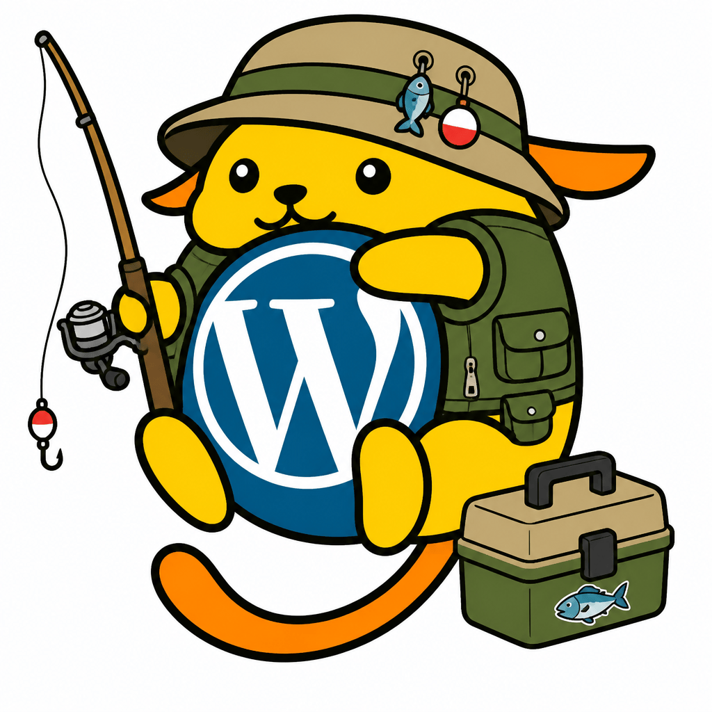 Wapuu: An angler wapuu wearing a fishing hat and vest, holding a fishing rod with a tacklebox
