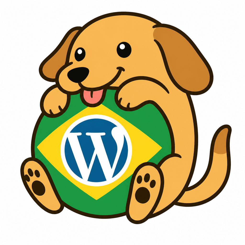 Wapuu: Caramel dog Wapuu with longer muzzle, floppy ears, tail and paws of a Brazilian street dog, tongue out, hugging a simple Brazil-flag globe.