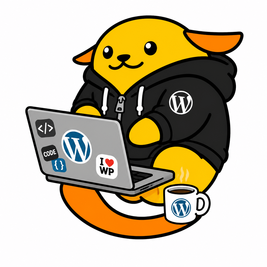 Wapuu: Developer wapuu wearing black zipper hoodie working on sticker-adorned laptop balanced on the end of his tail with small mug of coffee