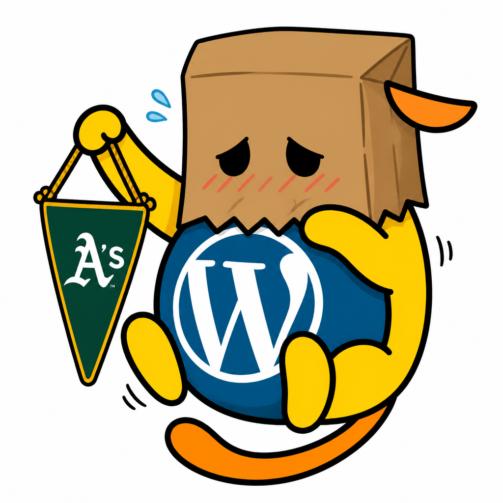 Wapuu: He’s got a brown bag over his head he’s an Oakland athletics fan so he’s waiving a team pendant, but he’s totally ashamed of how it looks