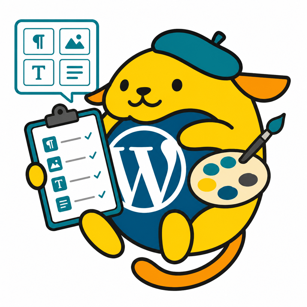 Wapuu: Wapuu as a careful site editor, holding a checklist and palette, reviewing WordPress blocks with teal accents and warm calm expression.