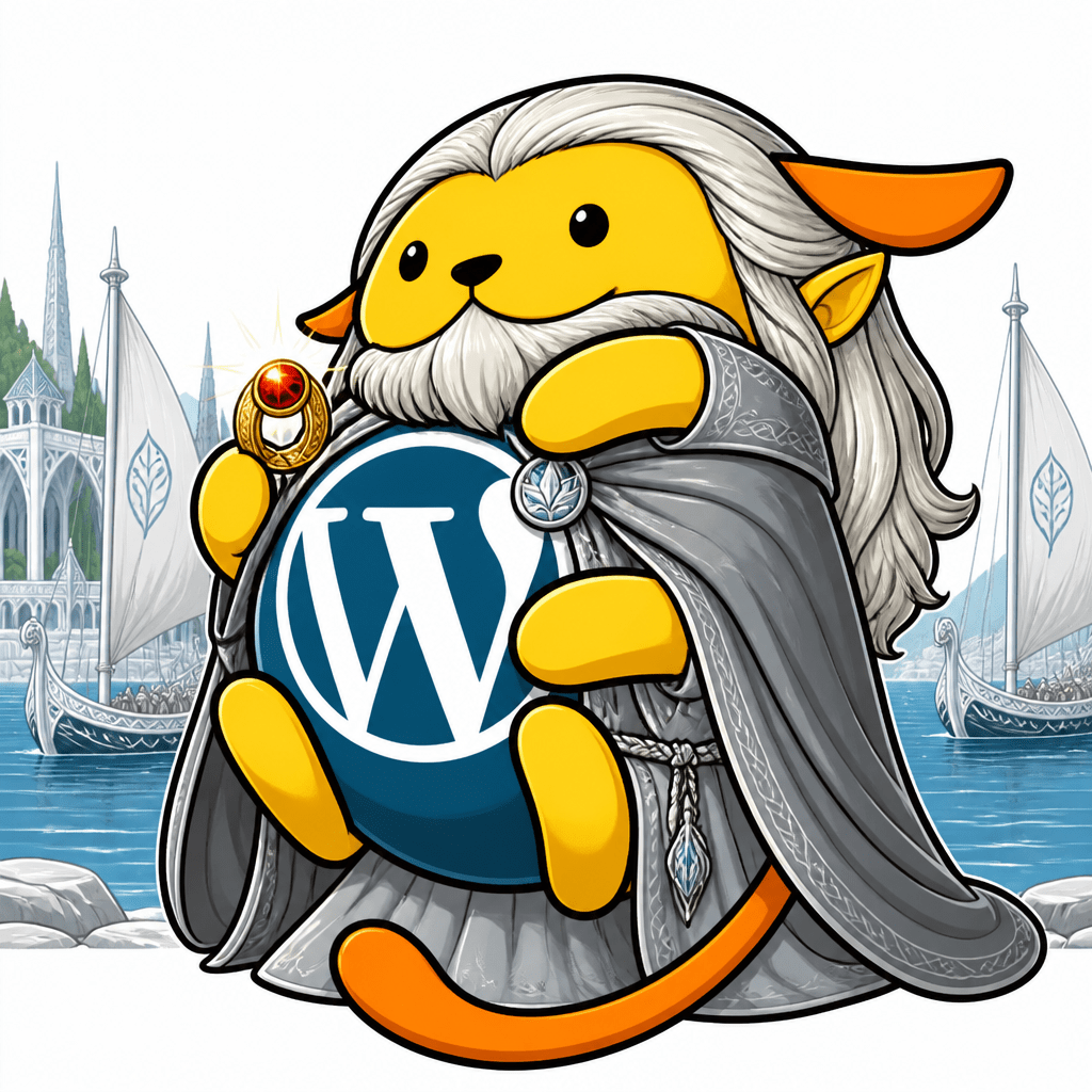 Wapuu: Wapuu as Círdan: silver-bearded sea-elf, grey mariner's cloak, gold ring with red ruby aglow, Grey Havens ships and sea behind.