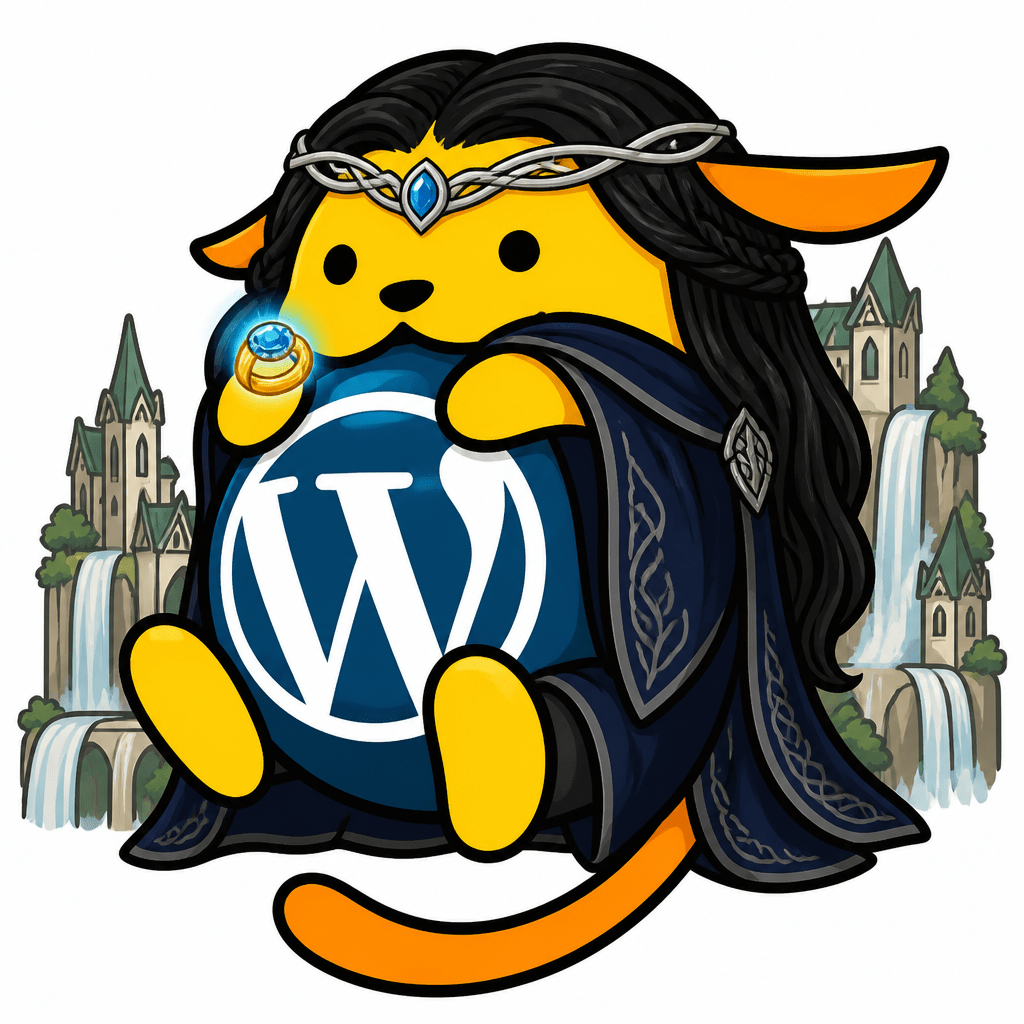 Wapuu: Wapuu as Elrond: dark elven robes, silver circlet, long black hair, gold ring with blue sapphire glowing, Rivendell waterfalls behind.