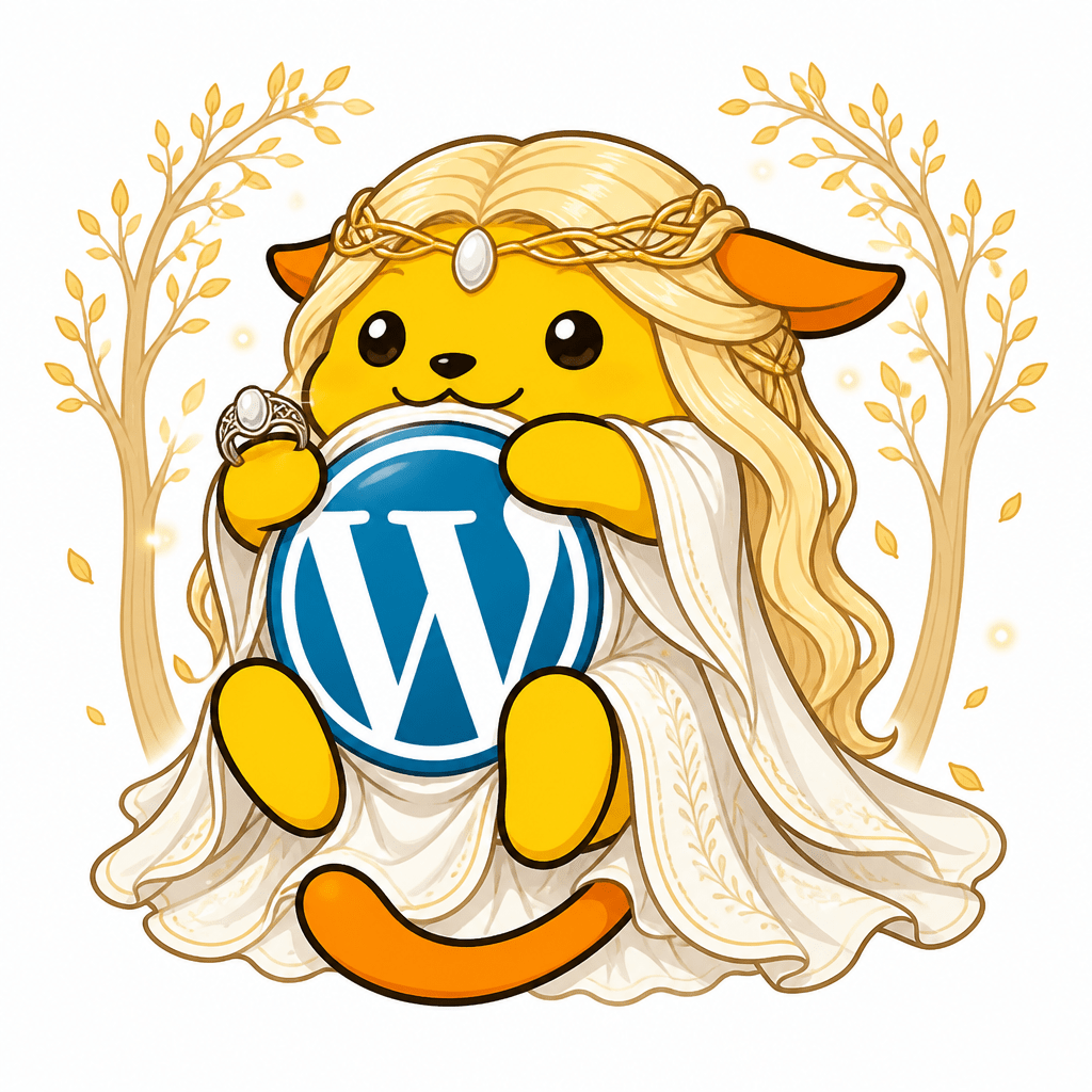 Wapuu: Wapuu as Galadriel: flowing white gown, golden hair, mithril ring with white stone, ethereal glow, Lothlórien golden trees, serene.