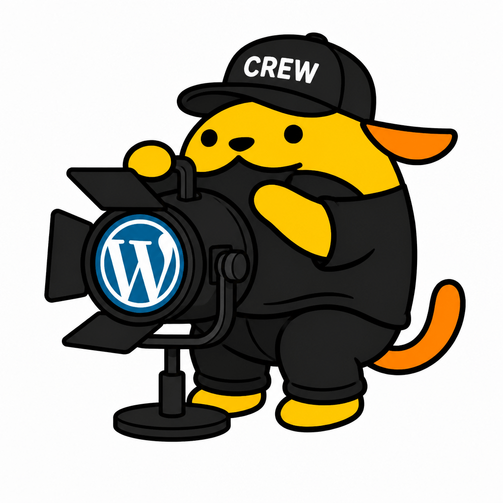 Wapuu: Wapuu is wearing plain black clothing like a stage crew operating a spotlight. Baseball cap that says crew on it.