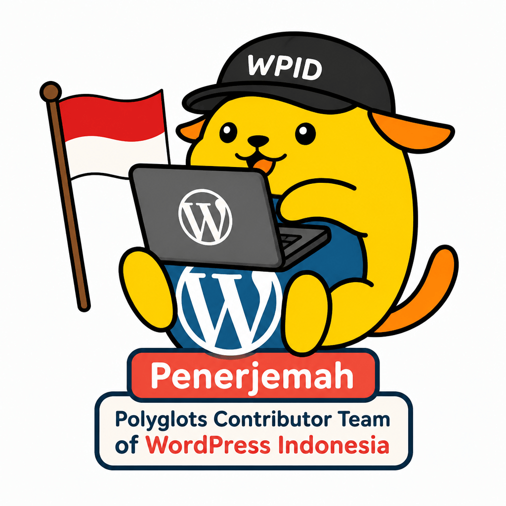 Wapuu: Wapuu Polyglots Contributor Team of WordPress Indonesia, work on laptop, Indonesian flag, text: Penerjemah, hat WPID. Smooth stroke.