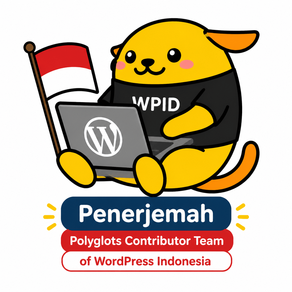 Wapuu: Wapuu Polyglots Contributor Team of WordPress Indonesia, work on laptop, Indonesian flag, text: Penerjemah, t-shirt with "WPID" text