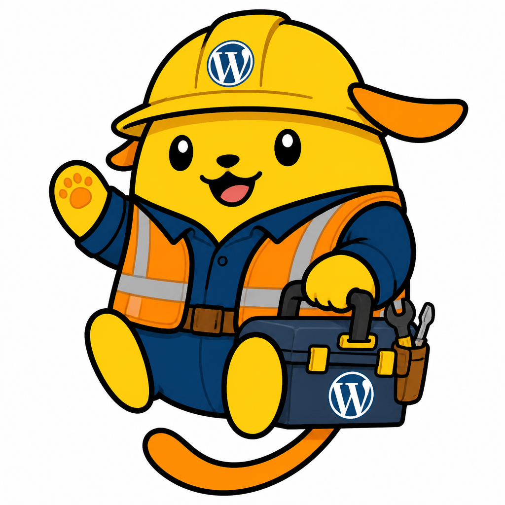 Wapuu: Wapuu that looks like me, is wearing a hard hat and construction site workwear, holding a toolkit, and is smiling and looks welcoming