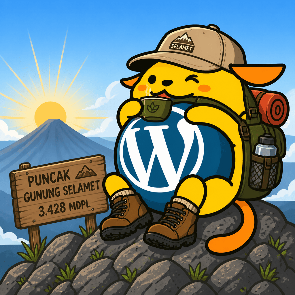 Wapuu: Wapuu wearing hiking kit, cap, hiking boots, enjoying a tea on peak of Mount Selamet, there is a wooden rustic signage, blue sky, sunrise.