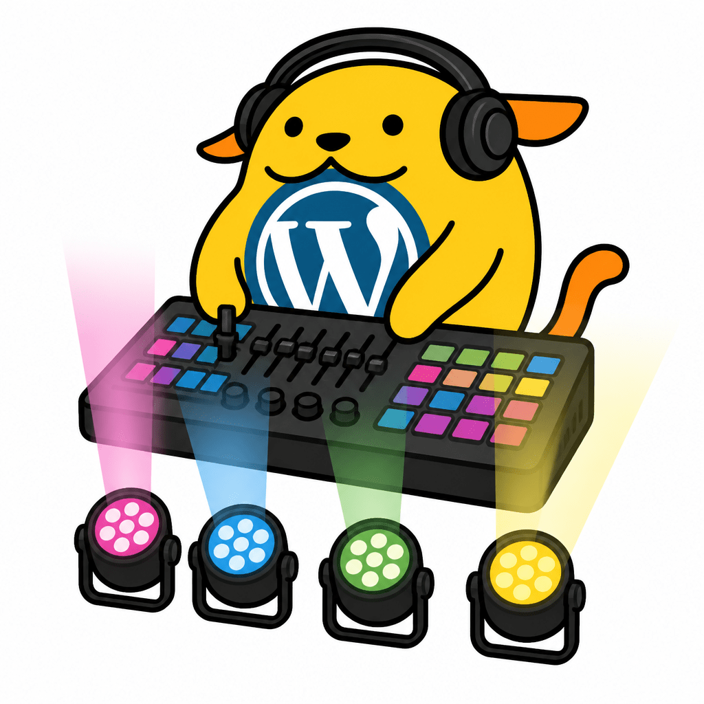Wapuu: a Wapuu disc jockey fiddling with a lighting console to create lighting effects.