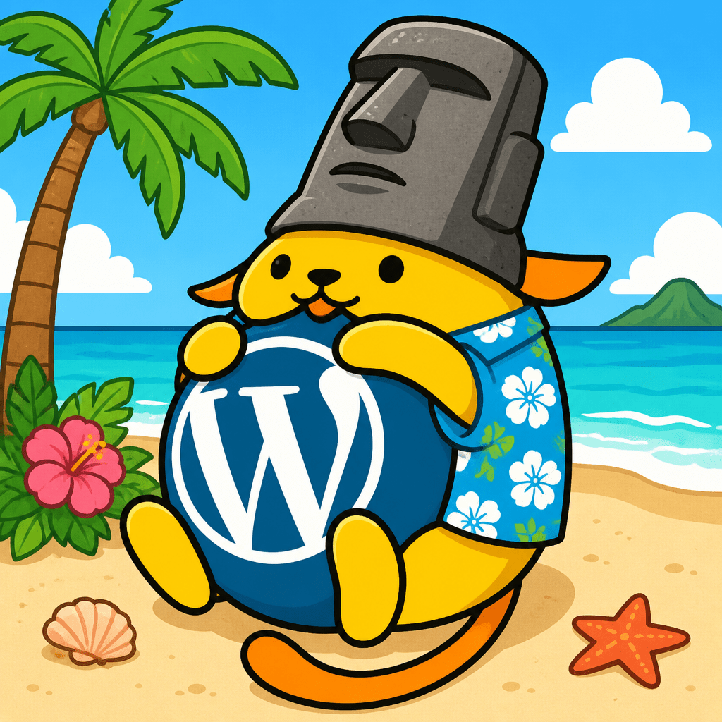 Wapuu: a Wapuu, using a hat that looks as an Easter Island moai and a hawaiian shirt; with a beach in the background