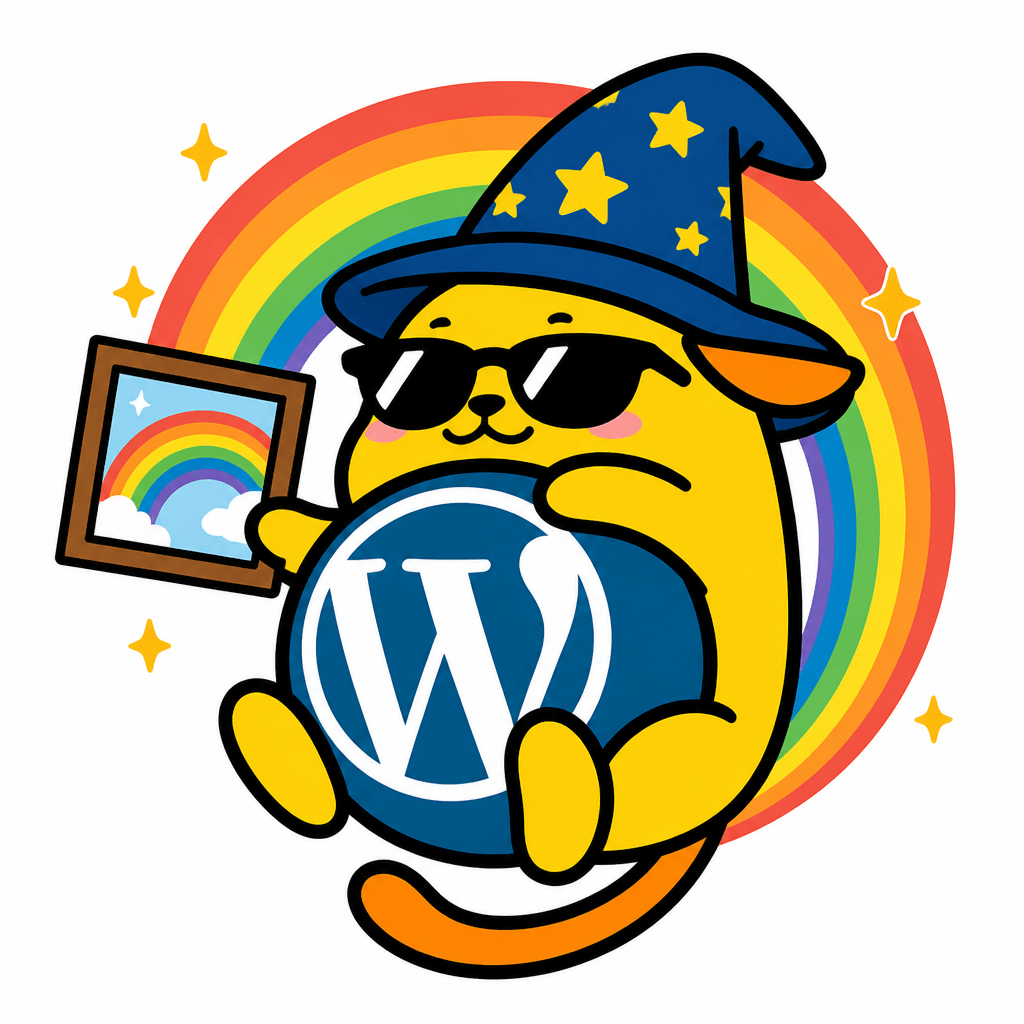 Wapuu: a Wapuu with sunglasses and a rainbow surrounding him, Merlin's hat and in one hand a frame with a photo of a rainbow