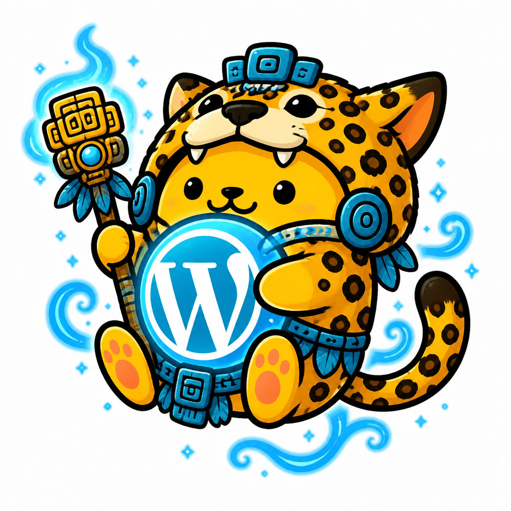 Wapuu: Cute puppy, original face, dot eyes, floating pose, fluffy jaguar costume, glowing W orb, mayan staff, blue magic aura, kawaii.