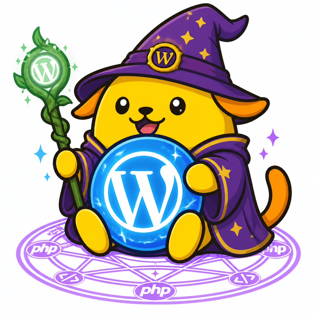 Wapuu: Cute wizard puppy, purple robe, luminous blue W orb, glowing W core, green staff with glowing W, PHP magic circle, kawaii.