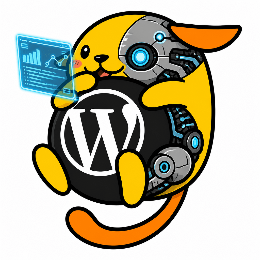 Wapuu: Half face cyborg. Prompting and analyzing data. The W ball is black.
