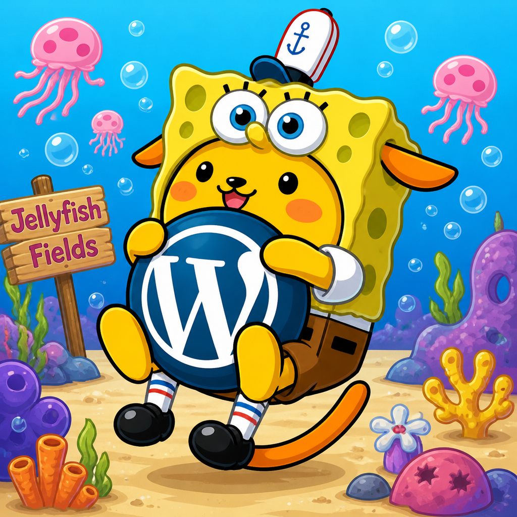 Wapuu: Happy Wapuu wearing a SpongeBob costume with striped socks, smiling, underwater, bubbles, Jellyfish Fields sign, colorful coral reef.