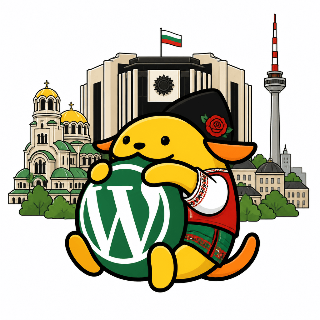 Wapuu: Traditional Bulgarian Wapuu embracing the WordPress logo in white, green, red with National Palace of Culture in the back and Sofia skyline