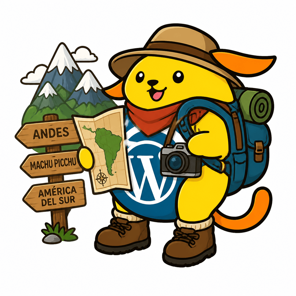 Wapuu: Traveler Wapuu with backpack, camera, hiking boots and map exploring South America, smiling, Andes mountains, adventure spirit.