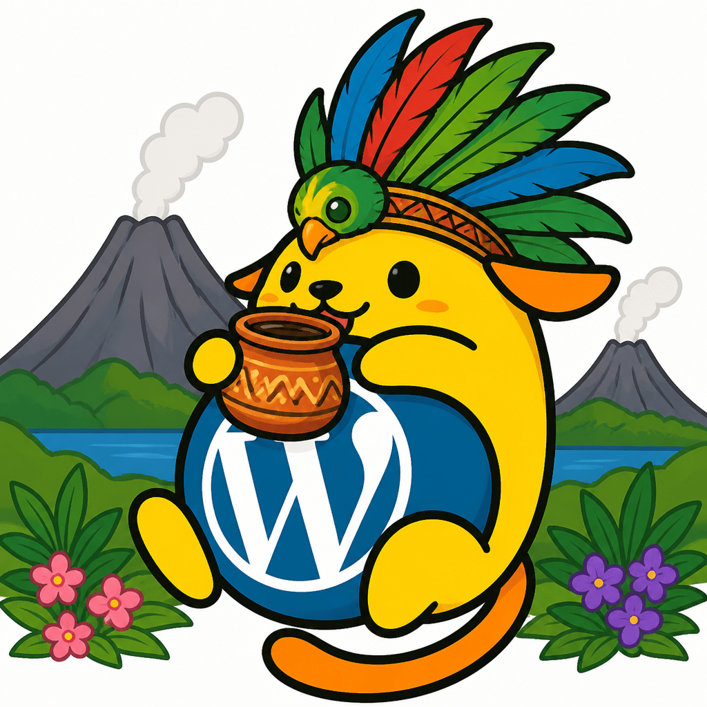 Wapuu: Wapuu con un gorro de plumas de quetzal, tomando un café en una jarra de barro, y rodeado de un paisaje de volcanes