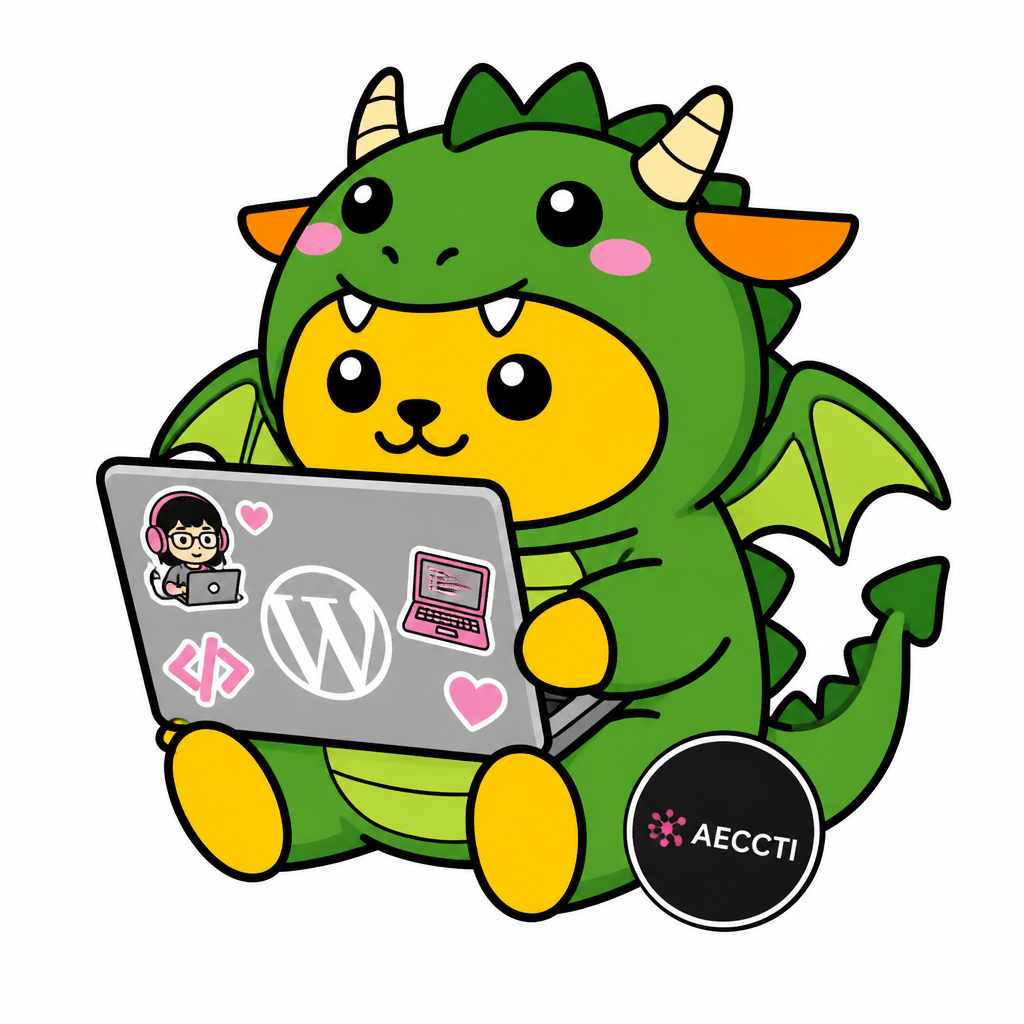 Wapuu: Wapuu disfrazado de un dragón verde, con una computadora, con stickers de chica de computación (rosados) y con logo de AECCTI (negro)