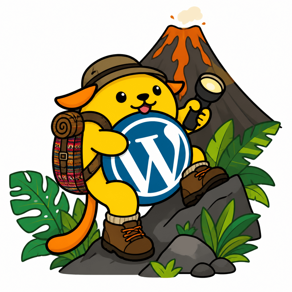 Wapuu: Wapuu escalador de Volcanes, mochila tejida, linterna, botas, hojas tropicales, estilo vectorial, con volcan de fondo.
