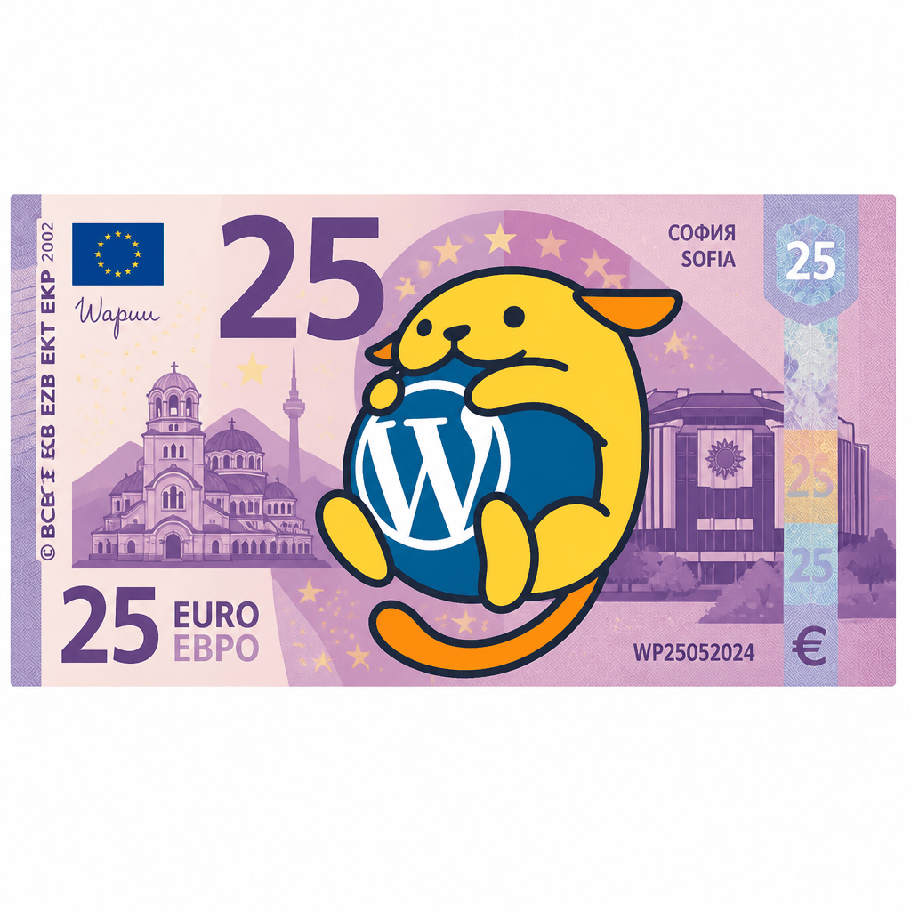 Wapuu: 25 € banknote featuring Wapuu as the main portrait, flat vector, Sofia landmarks and National Palace of Culture on the banknote