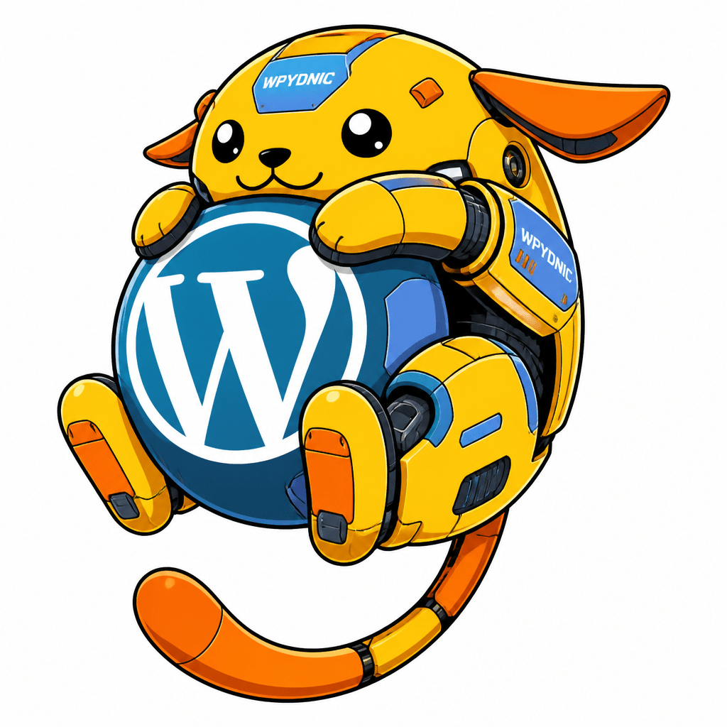 Wapuu: Create a Wapuu inspired by the Mecha anime style and use the wapuu colors yellow, orange and light blue, which includes the letters WPYDNIC