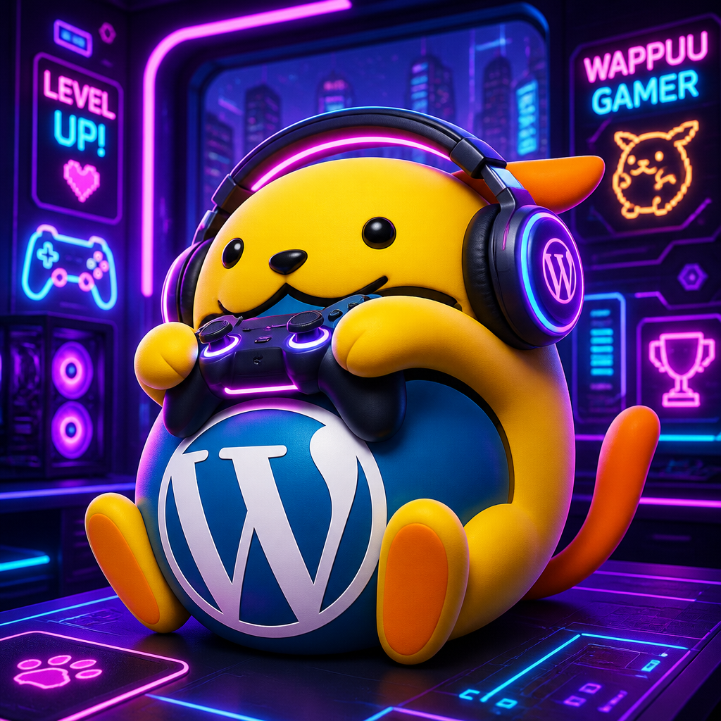 Wapuu: Gamer Wappuu with premium headphones and controller in a vibrant neon cyberpunk world, glowing purple, blue and pink lights, 3D style.