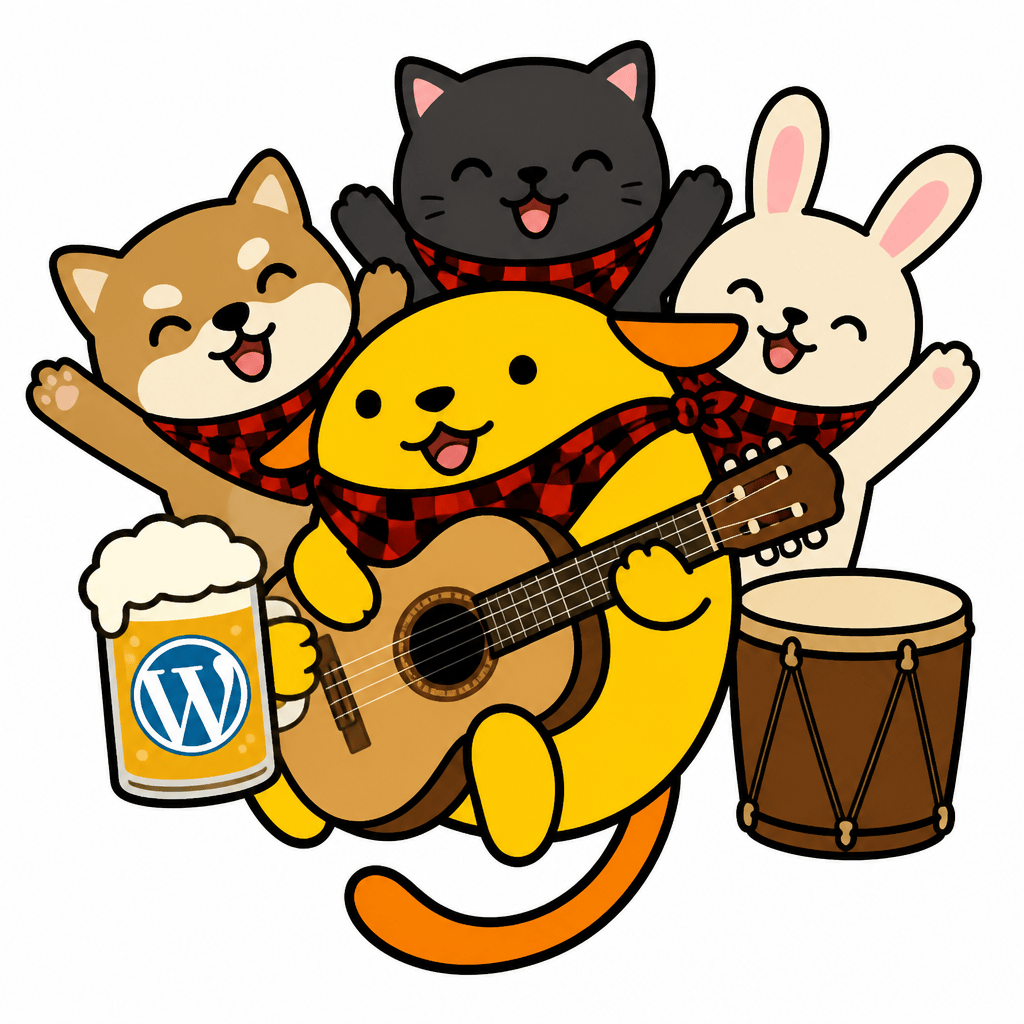 Wapuu: play clasic guitar tambor a derecha, jarra cerverza con logo de WP, y con amigos por detras. todos con cachirulo rojo/negro a cuadros