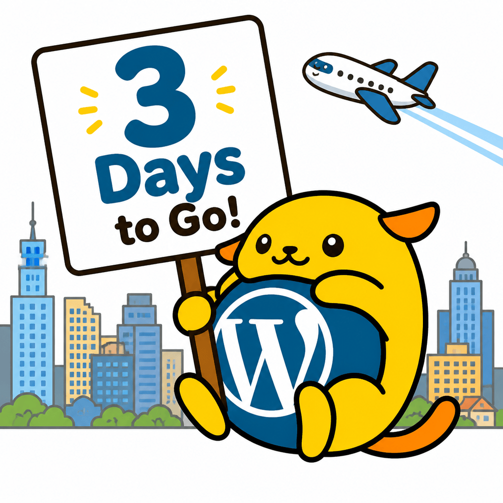 Wapuu: Wapuu holding a sign that says: 3 Days to Go! An airplane is flying above. There's an urban sprawl in the background.