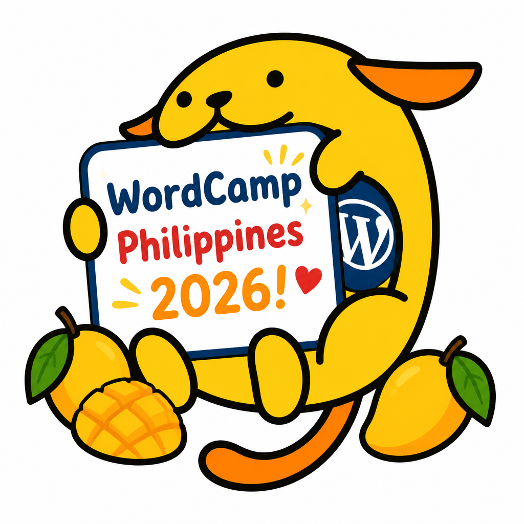 Wapuu: Wapuu holding a sign that says WordCamp Philippines 2026! Replace the WordPress logo with the sign. Remove the logo. Add some mangoes.