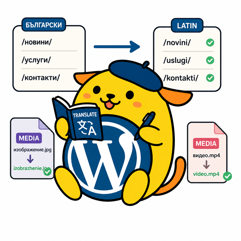 Wapuu: Wapuu is a polyglot, translating slugs in URLs and media files from Bulgarian (Cyrillic) to Latin.