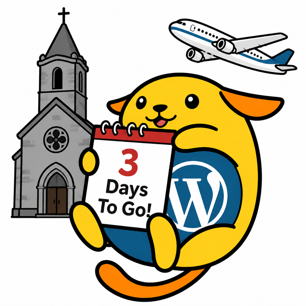 Wapuu: Wapuu is holding the calendar set to the date: 3 Days To Go! There's a grey old church in the background. An airplane is flying overhead.