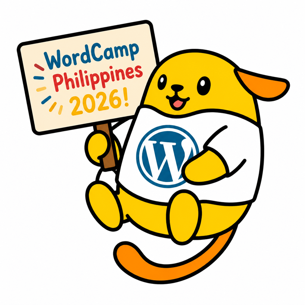 Wapuu: Wapuu wearing white shirt holding a sign WordCamp Philippines 2026!