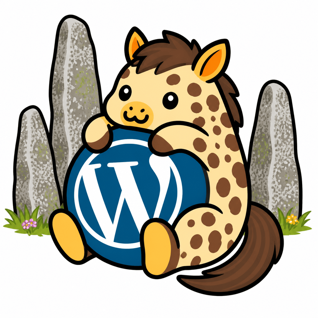Wapuu: An appaloosa horse featuring irregular brown spots Wapuu, with Breton menhirs in the background embracing the WordPress logo