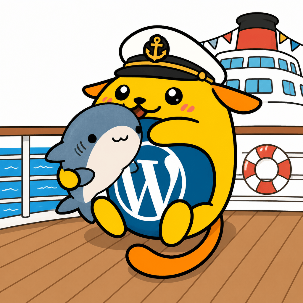 Wapuu: hammerhead shark, on a cruise ship, holding a shark Squishmallow