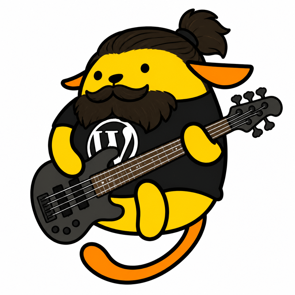 Wapuu: I'm thinking of a full-bearded Wapuu with a samurai ponytail, wearing a black T-shirt and holding a five-string bass