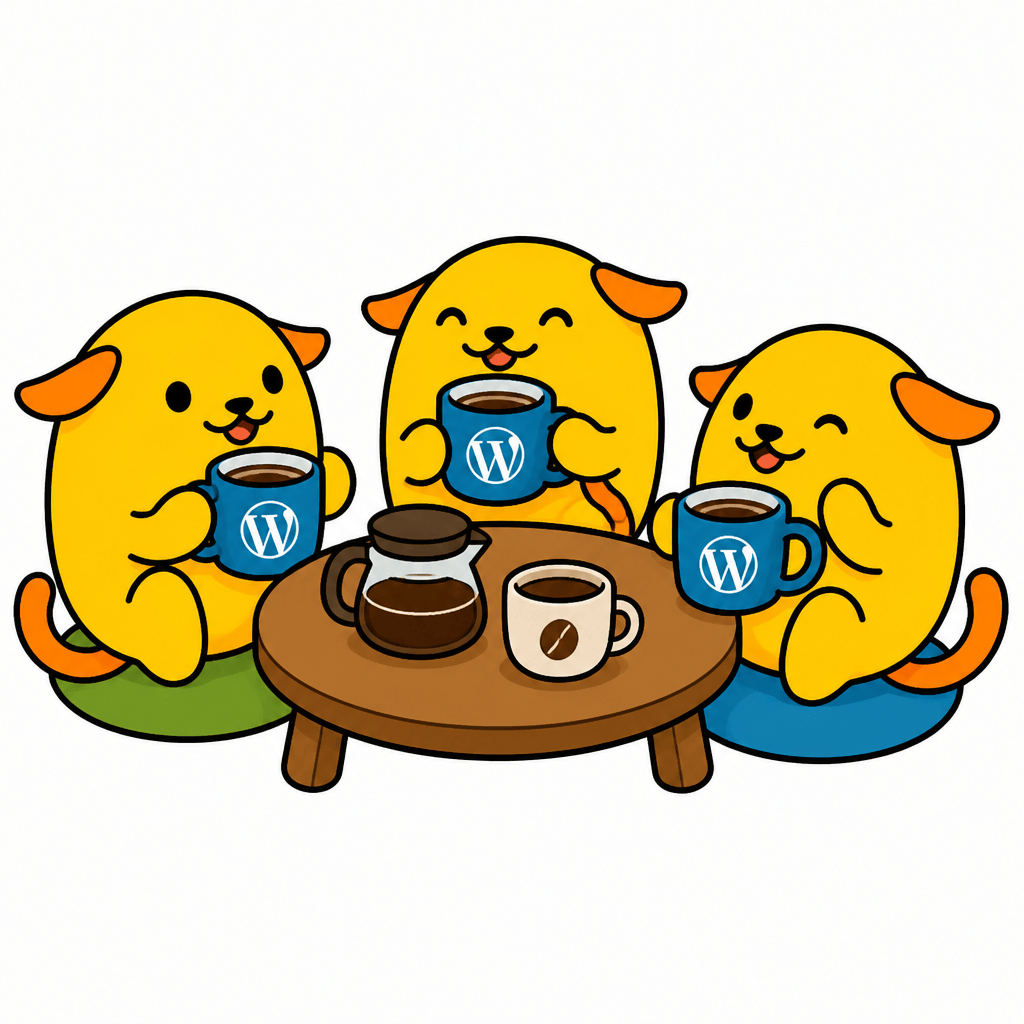 Wapuu: 3 wapuus surrounding coffee table, enjoying coffee