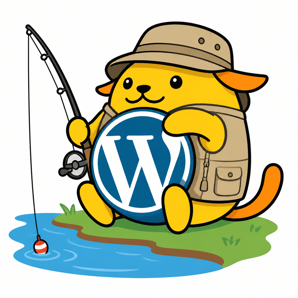 Wapuu: A cute Wapuu enjoying fishing by a lake, holding a fishing rod in one hand, wearing a bucket hat and fishing vest.