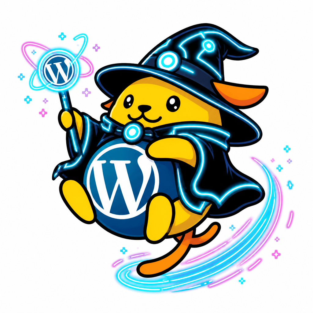Wapuu: A futuristic wizard Wapuu, traveling across universes, glowing with TRON-inspired neon magic, connecting communities and bringing new ideas.
