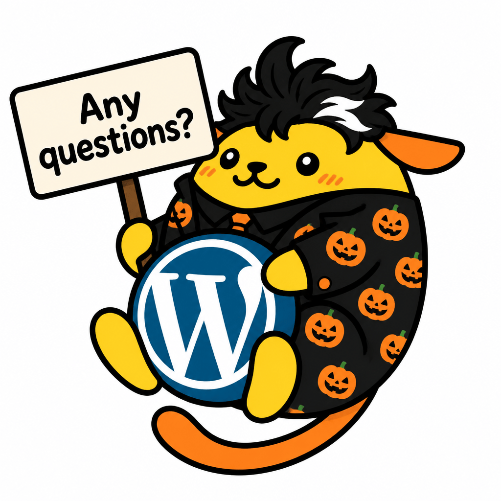 Wapuu: black curly hair sticking up with a white stripe on the right, black suit with orange pumpkins, holding a sign that says Any questions?