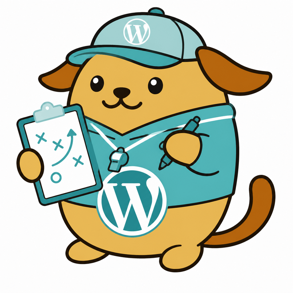 Wapuu: Coach wapuu with a clipboard #D8A45F body, #9A6014 ears/tail, accent colors #3EA0AD #B9E4EA