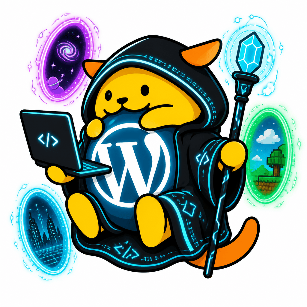 Wapuu: Cyber Wapuu wizard, black hoodie, neon runes, portals to other universes, TRON vibes, coding laptop, futuristic Gandalf energy.