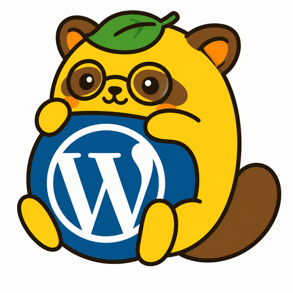 Wapuu: 頭にはっぱをのせたたぬき。しっぽは茶色でしましまじゃありません。なんとなく眼鏡もかけてみよう。