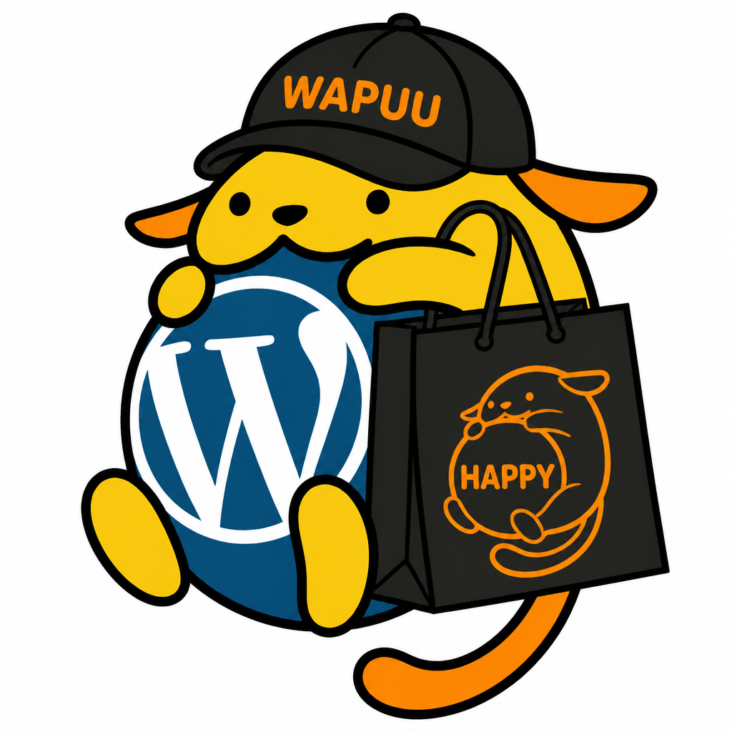 Wapuu: 顔や目はオリジナルを使用。ブラックフライデーをイメージしたwapuu。キャップの文字はwapuuの体のオレンジ色。タグは持たない。セールの紙袋に、wapuuのbodyの形をオレンジ色で描きSALEではなくHAPPYの文字を入れる。